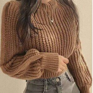 Chunky Knit Cropped Sweater – Cinnamon Brown, Relaxed Fit, Cozy Fall Staple